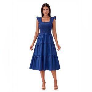 Royal Blue Smocked Midi Dress with Ruffled Straps